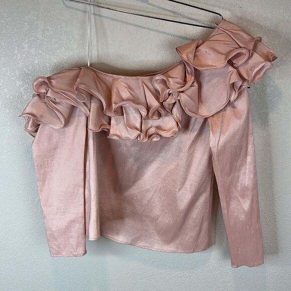 NWT Petersyn Lou One Shoulder Blouse- Cameo Pink Ruffle Size Small - Picture 5 of 12